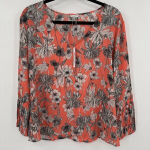 Sioni‎ Blouse Top Women's Large Coral Floral Chiffon long Sleeve V Neck Pullover